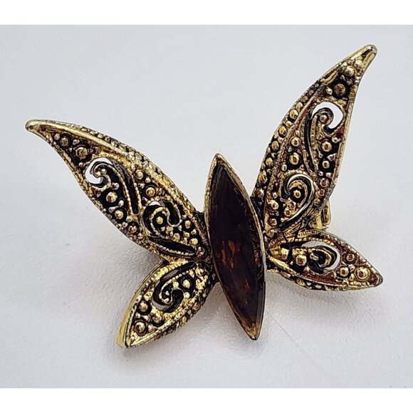 Vintage Butterfly Art Nouveau Brooch Pin With Amber Stone & Filigree Detailing - Picture 1 of 4